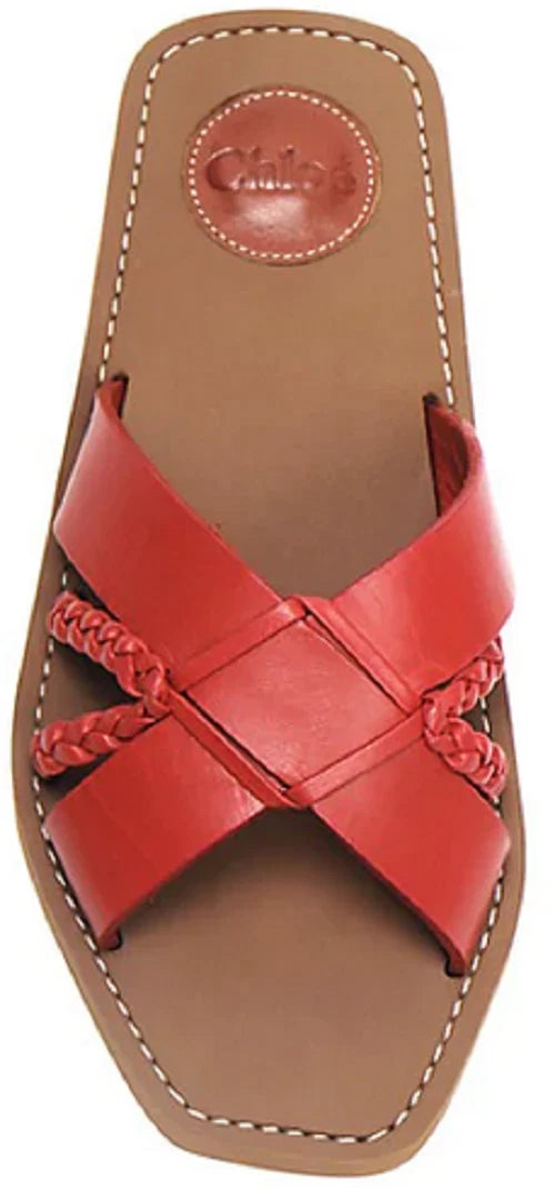 New CHLOE $450 Brick Red Leather Boho Criss Cross Slides Mules Flats Italy EU 42