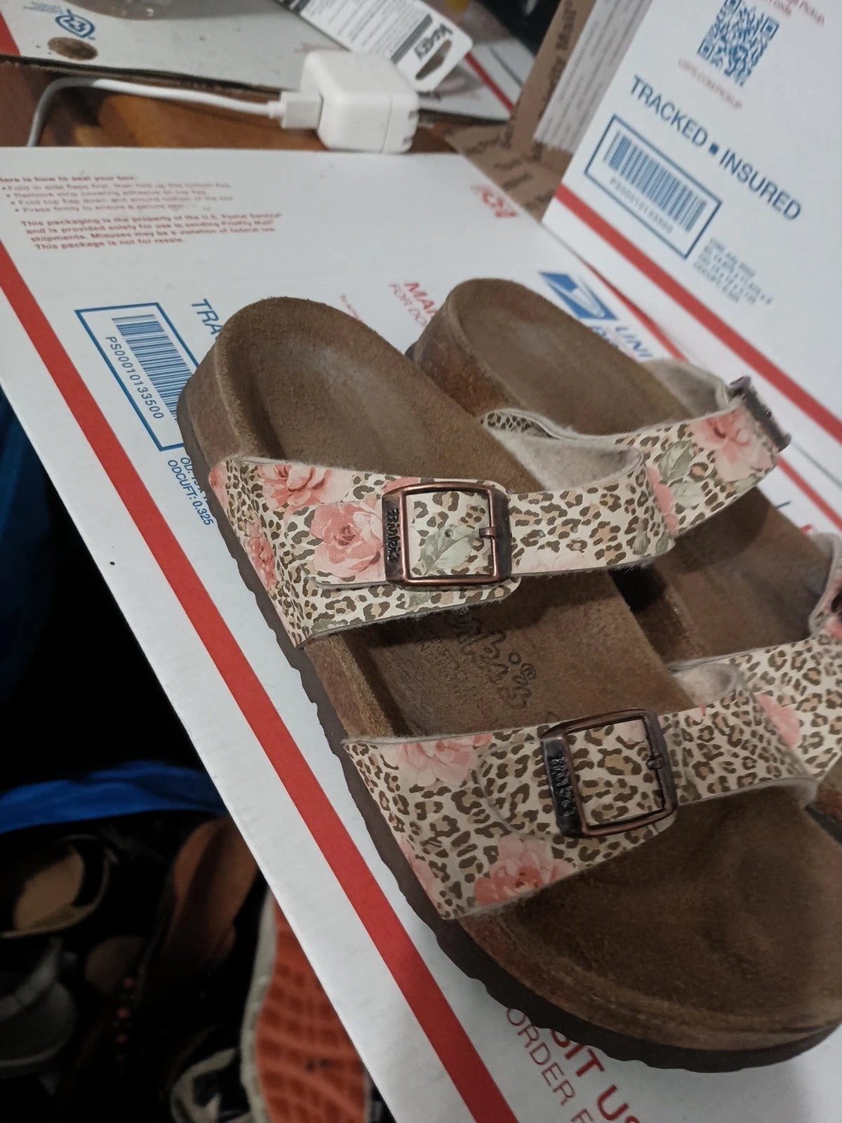 Birki's Arizona Cheetah Rose Design Cork Bed Sandal Slides Sz 36 Animal Print