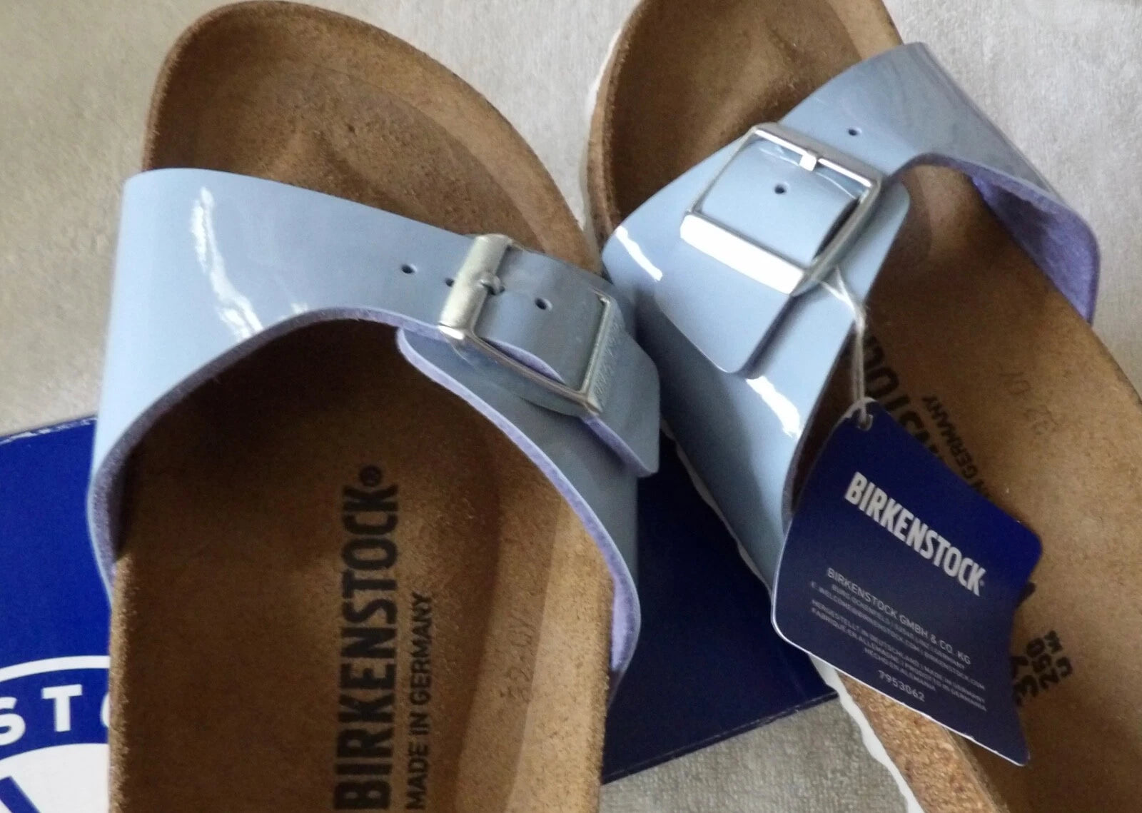 Birkenstock Madrid Big Buckle Lady Narrow Size 8 Patent Dove Blue Leather Sandal