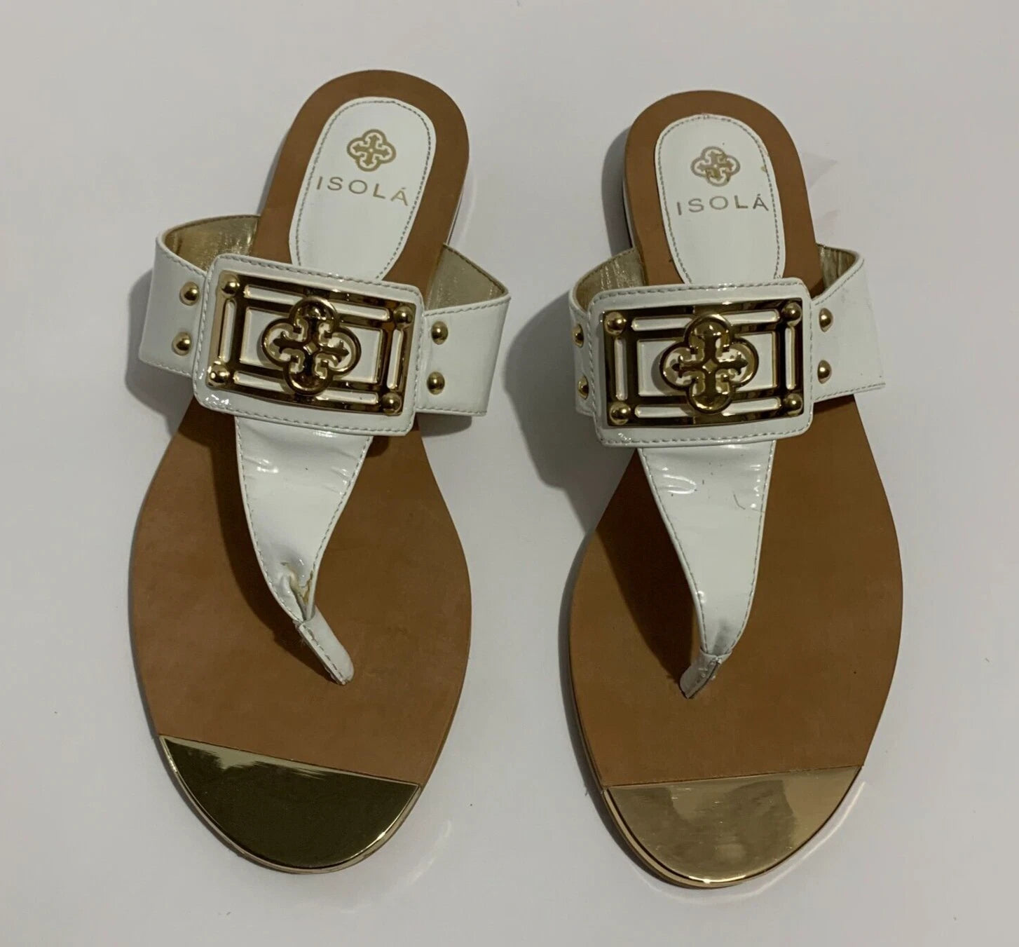 Isola White Gold Thong Sandal Flat Dress Shoe Open Heel Slide Women 7.5