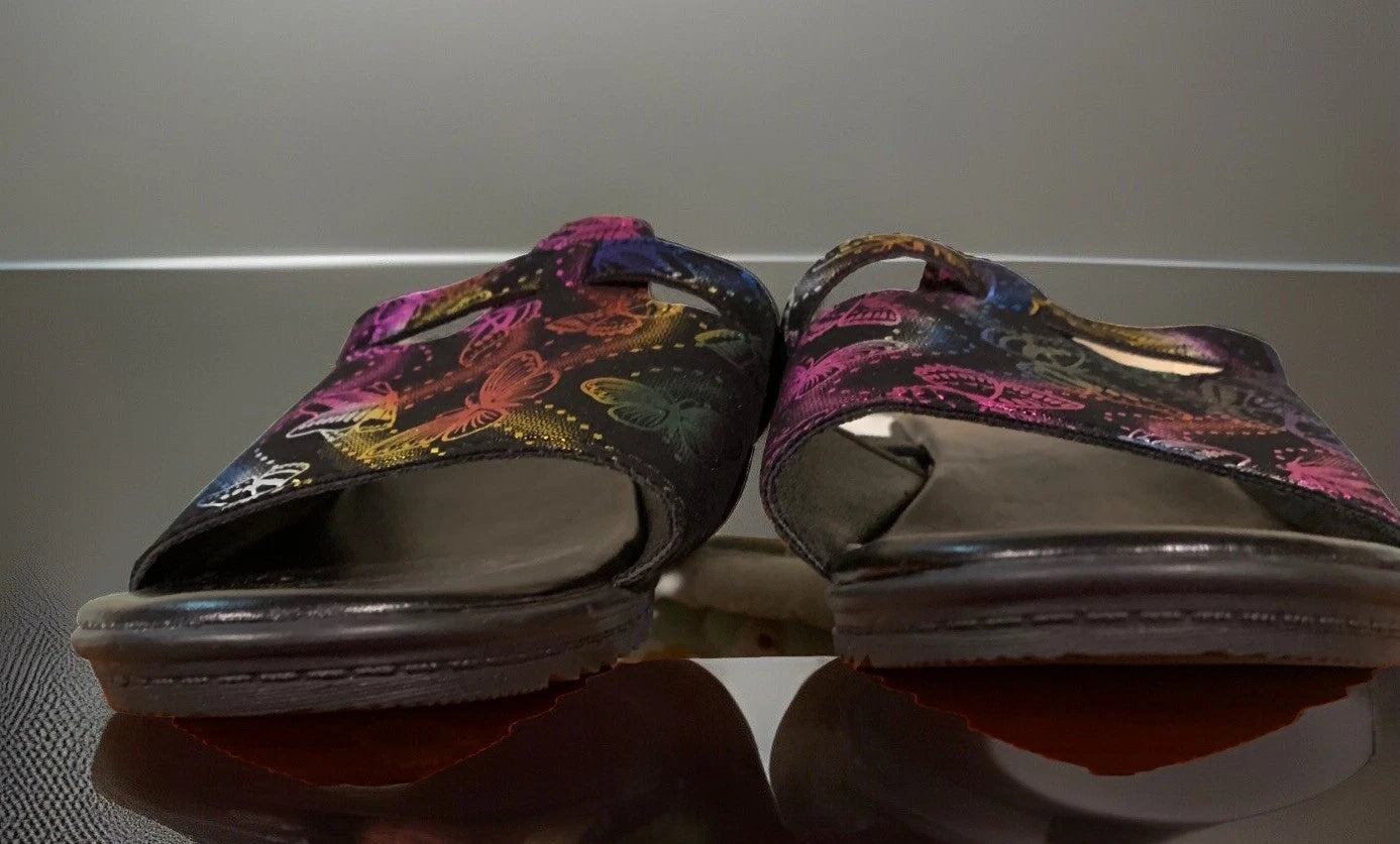 FASHION Metallic Rainbow Butterfly Slip-On Wedge Heel Sandals Size 9 / 40 NEW