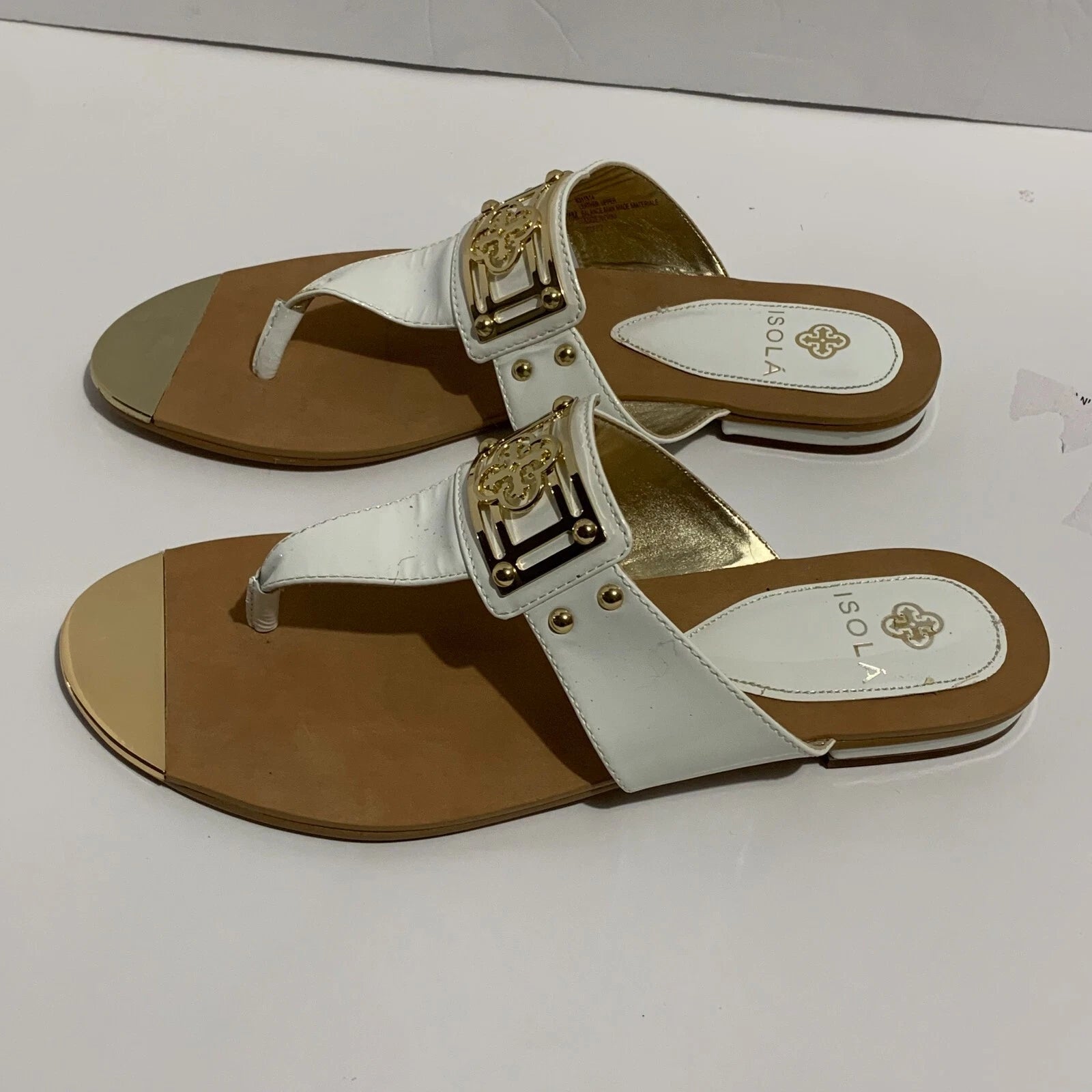 Isola White Gold Thong Sandal Flat Dress Shoe Open Heel Slide Women 7.5
