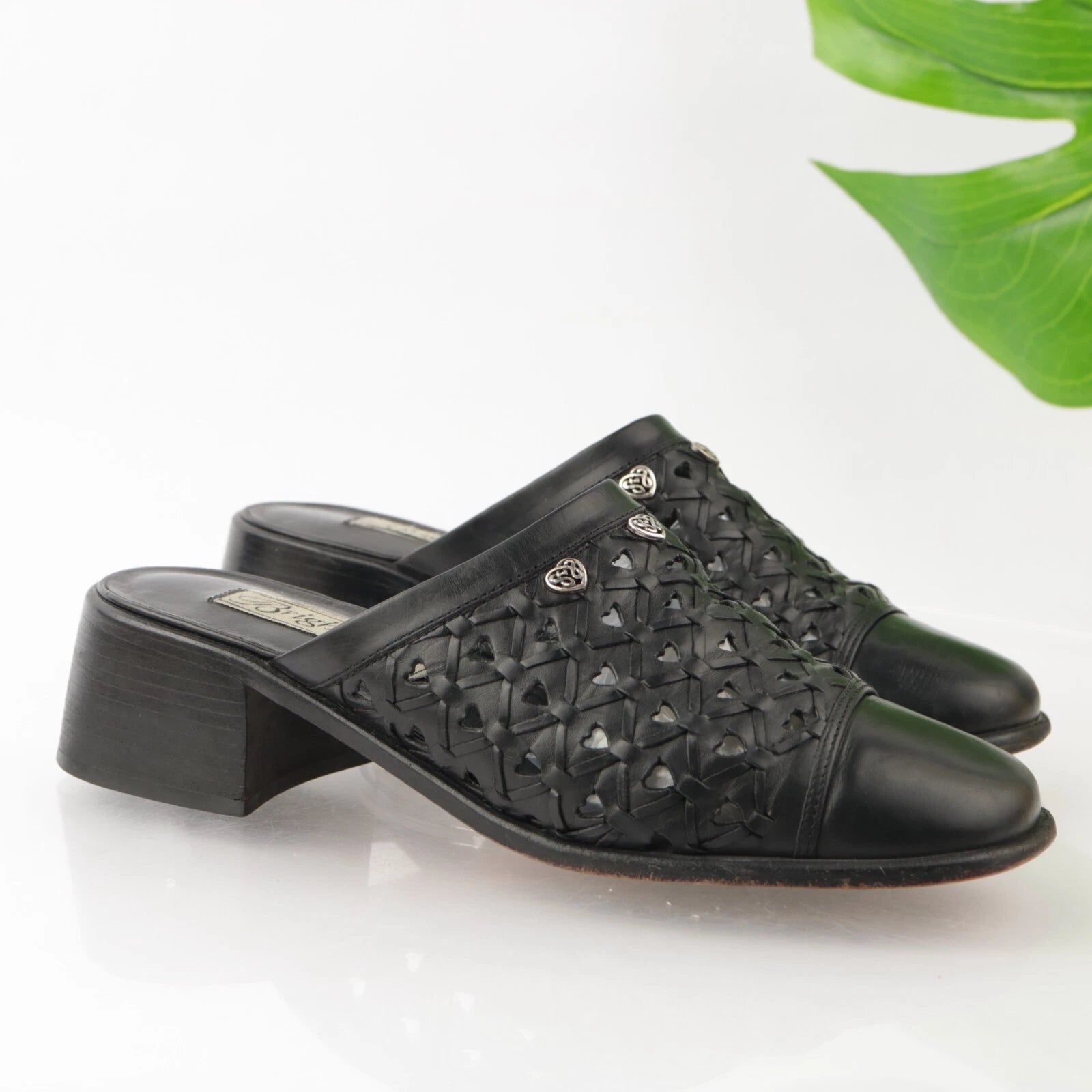 Brighton Womens Fanny Mule Size 8.5 Black Leather Block Heel Slide Woven Shoe