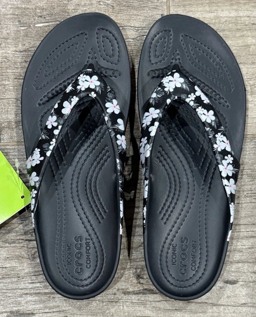 NEW CROCS W7 KADEE II TROPICAL FLORAL / BLACK FLIP.  RELAXED FIT. STYLE 205635