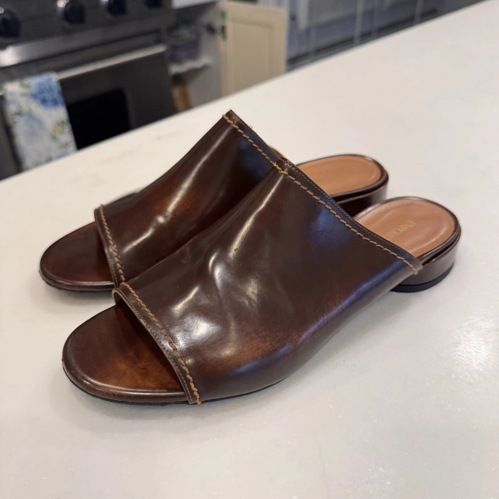 Emporio Armani Women’s Open Toe Slide Mules Brown Leather Size US 9 EU 39