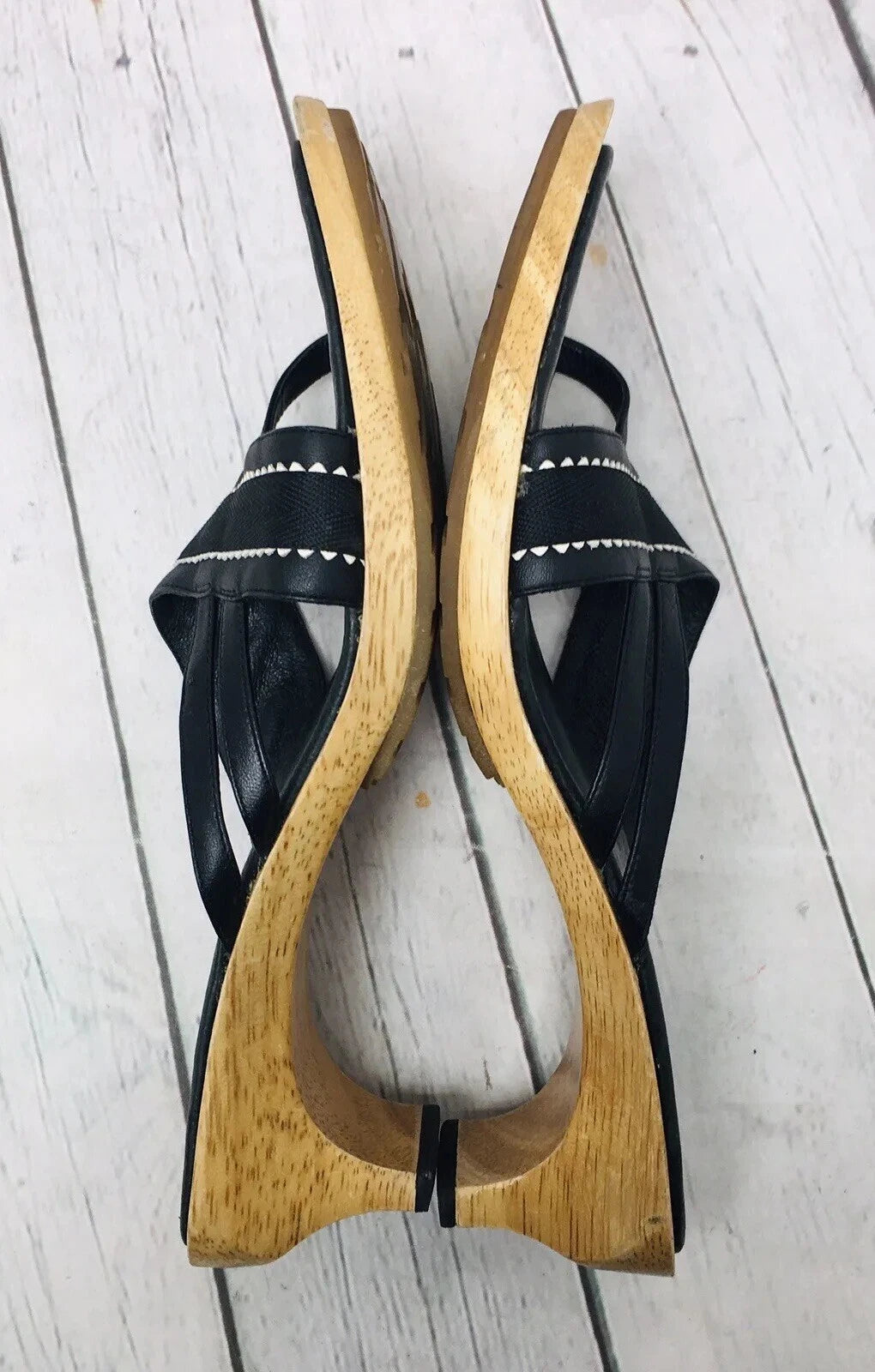 Diesel Black Leather Wooden Heel Slide Sandals Women’s Size 9 Point Toe Strap