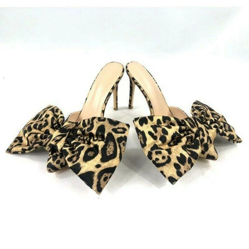 Fashion Womens Pointy Toe Big Bowknot Mules High Stiletto Heel Slippers Party
