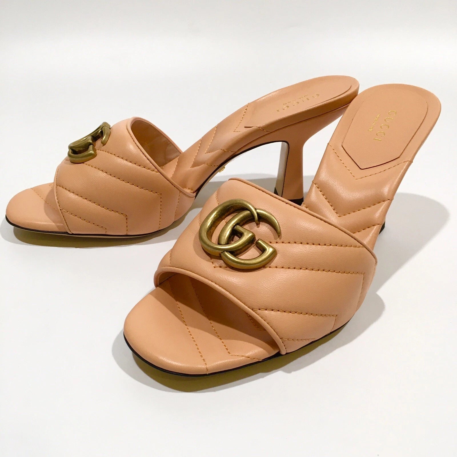 GUCCI GG MARMONT QUILTED LEATHER MULE SANDAL -PEACH -US 8.5 -NEW