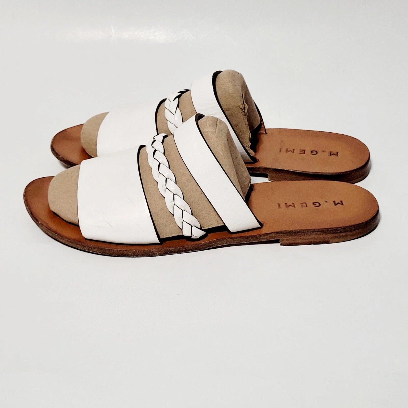 M. Gemi White Leather Flat Braided Strappy Slide Flat Sandals Wms 39EU  8.5-9 US