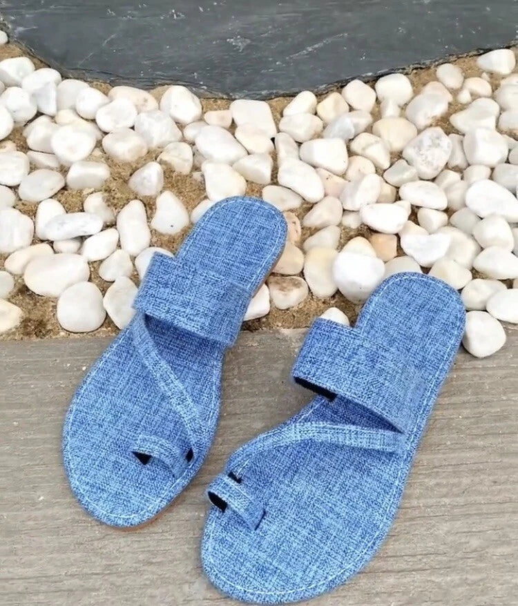 Fashion Blue Summer Statement Denim Thong Toe Designed Flat Sandals  Slides Shoe