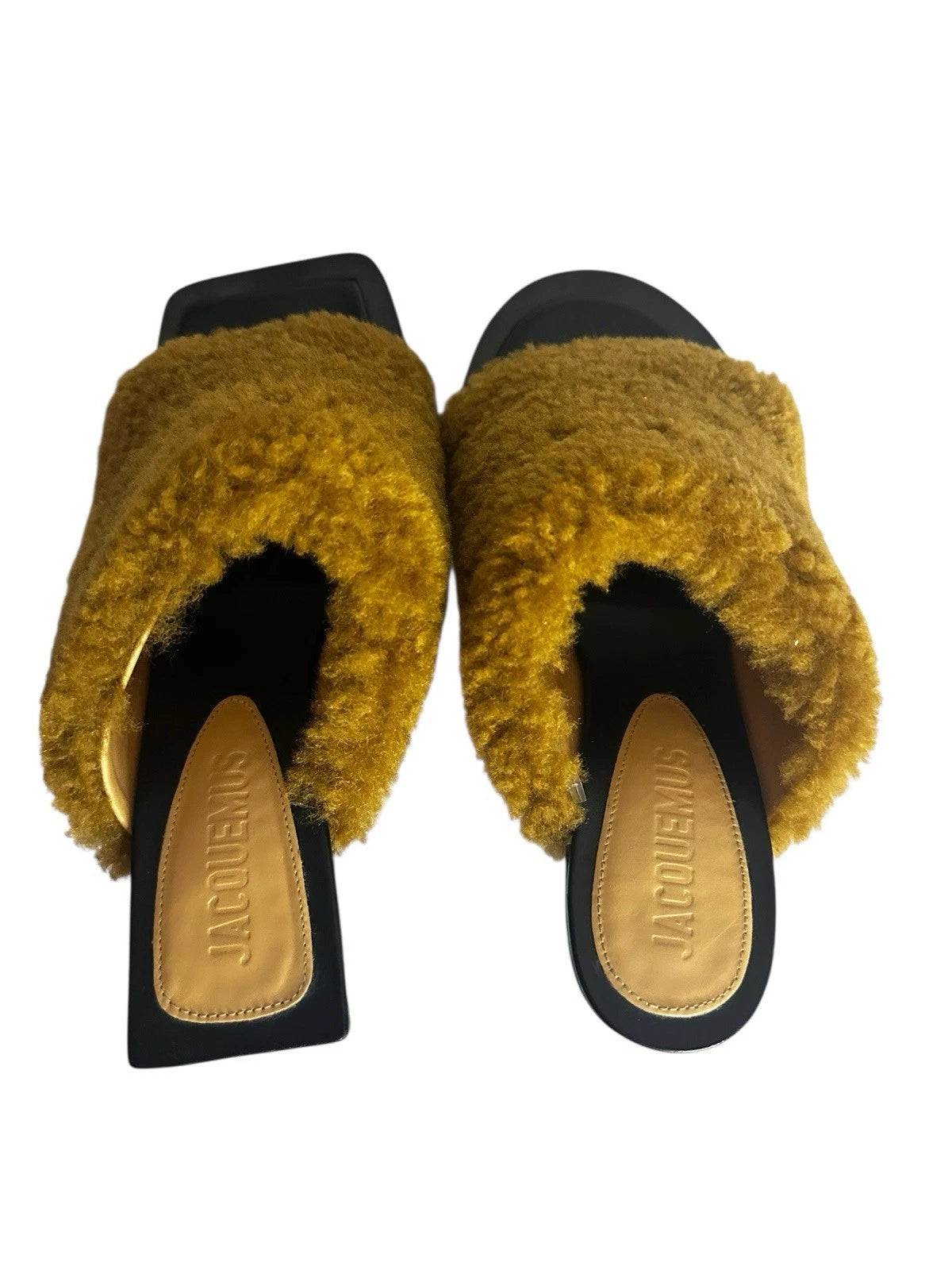 Jacquemus Les Mules Carre Rond Khaki Lambswool Shearling Heel Sandal Designer 39