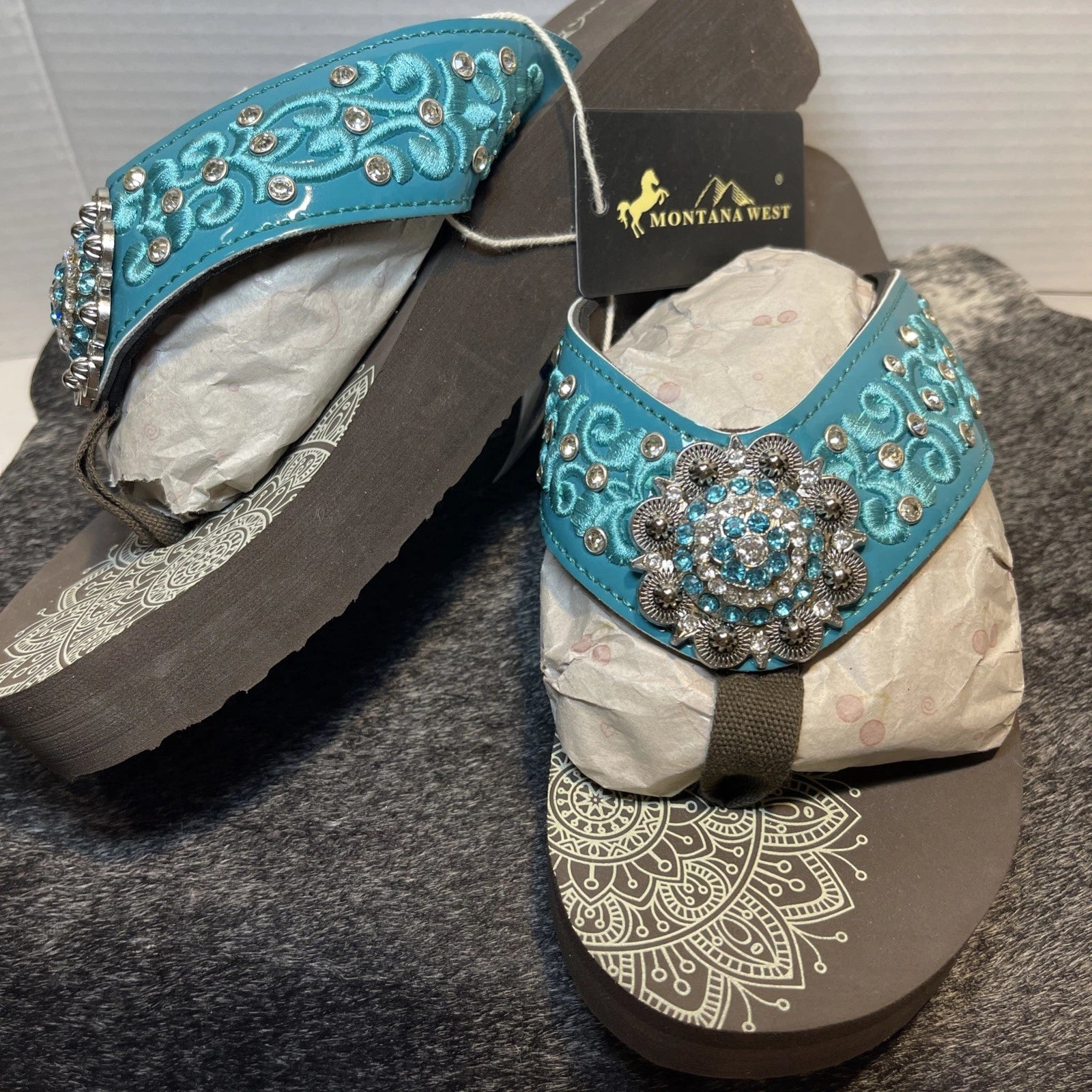 Montana West Teal Scroll Rhinestones/Studs Western Style Wedge Sandals Sz11-11.5
