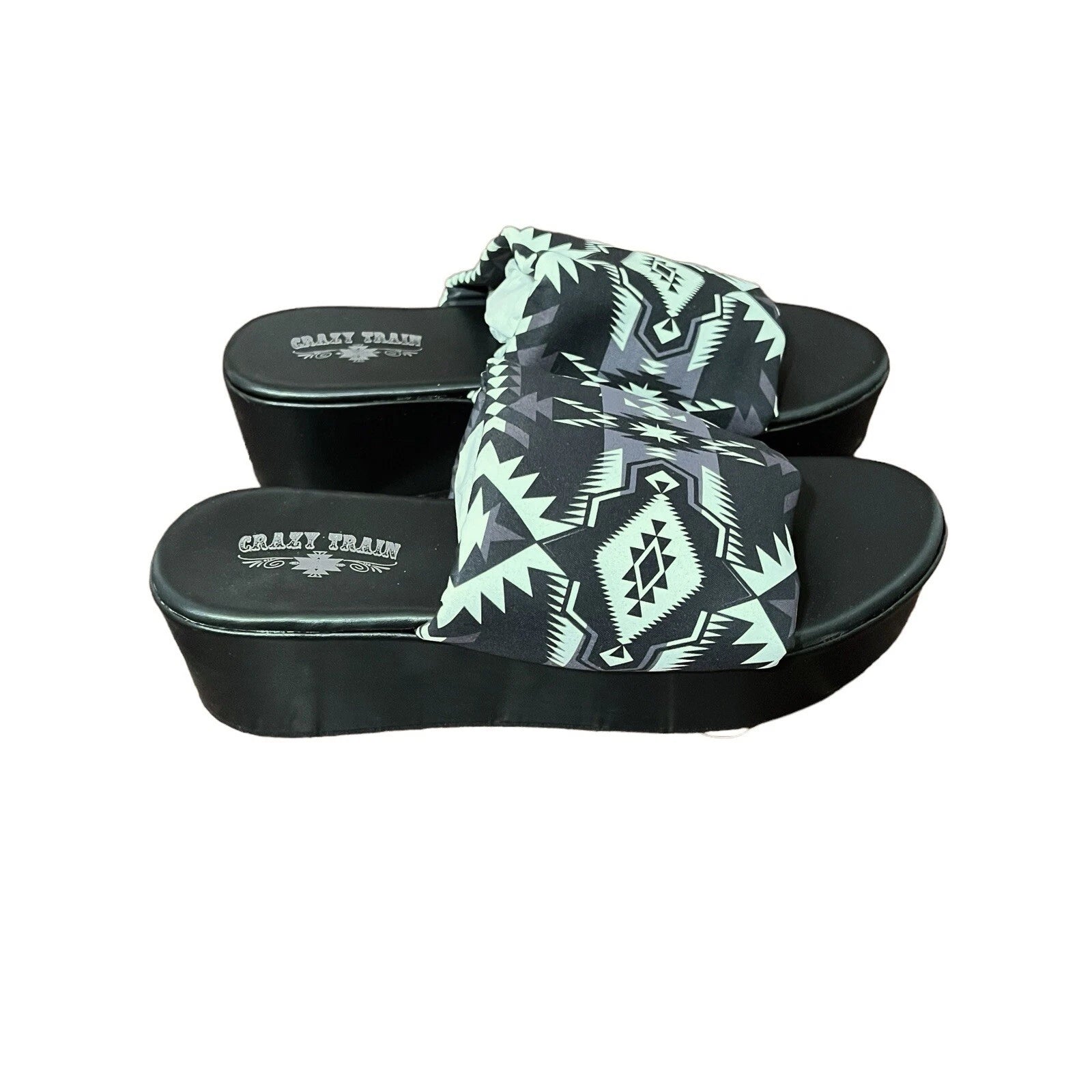 Crazy Train 90s Platty Aztec Bold Black & White Sandal Wedges Platform Slides 9