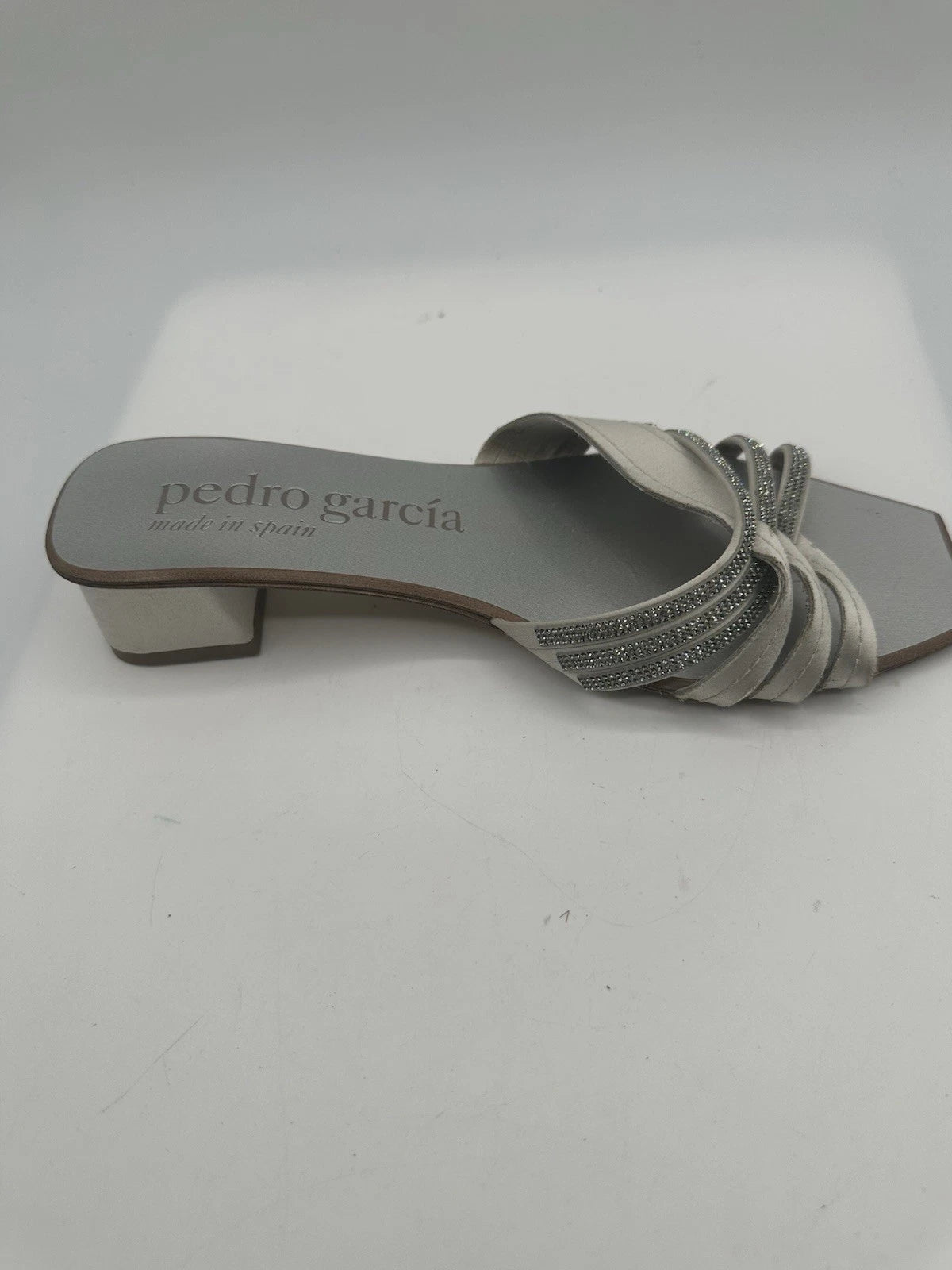 Pedro Garcia Light Gray Satin Swarovski Strap Slide Low-Heel Sandal Women Sz 38