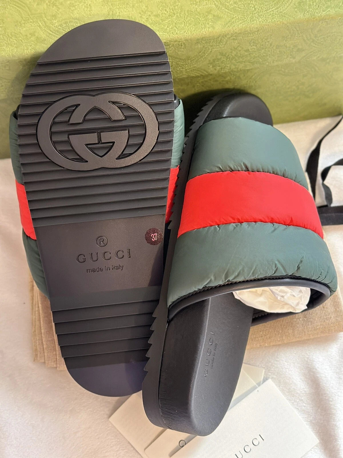 Gucci Web Puffer Nylon Slides Sandals Sz 37 Made In Italy BNIB