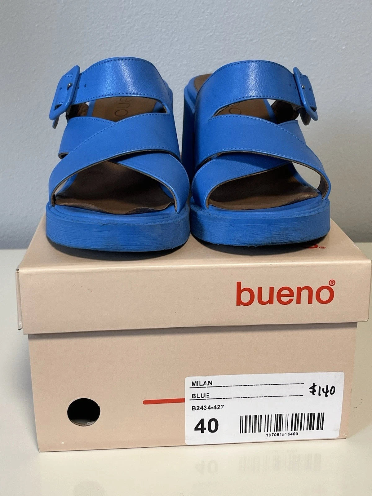 Bueno Leather Heeled Slide Sandals Milan style color blue EU40 US9.5 est 70s mod