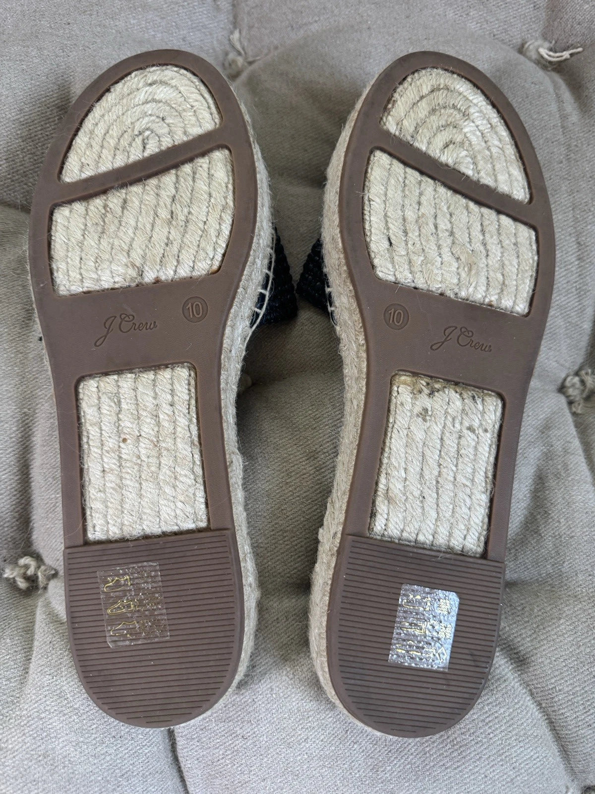 EUC J Crew Black Raffia Slip On Espadrille Flat Sandal Slide Band Style Size 10