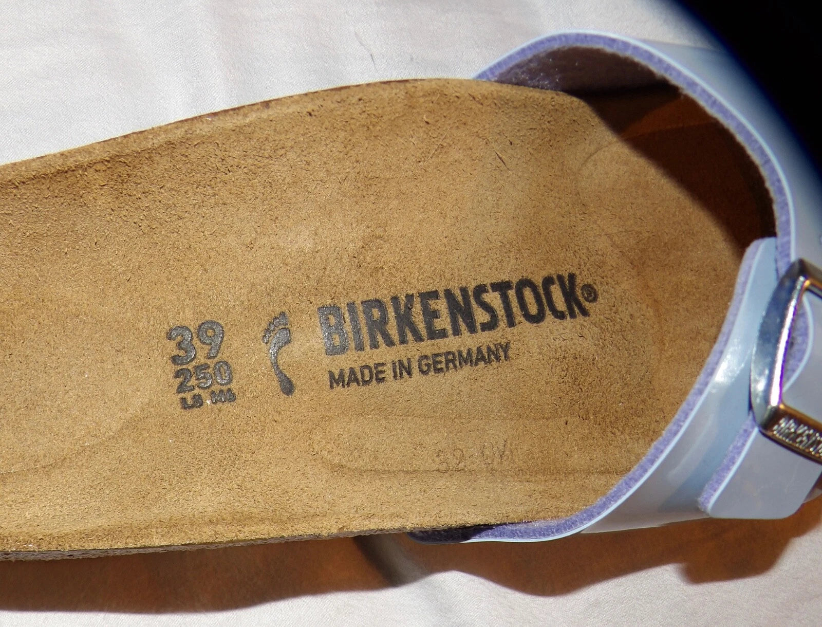 Birkenstock Madrid Big Buckle Lady Narrow Size 8 Patent Dove Blue Leather Sandal