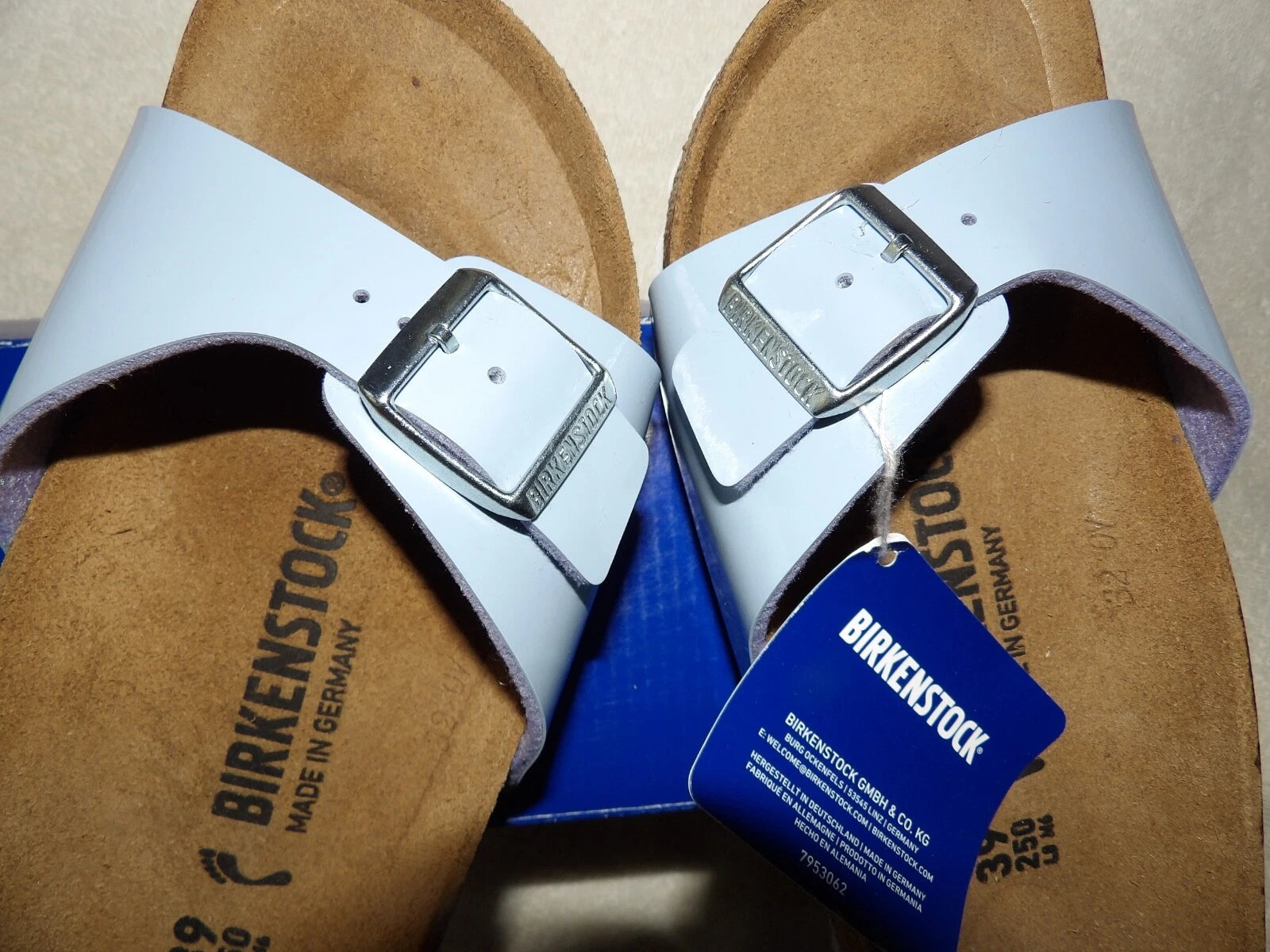 Birkenstock Madrid Big Buckle Lady Narrow Size 8 Patent Dove Blue Leather Sandal