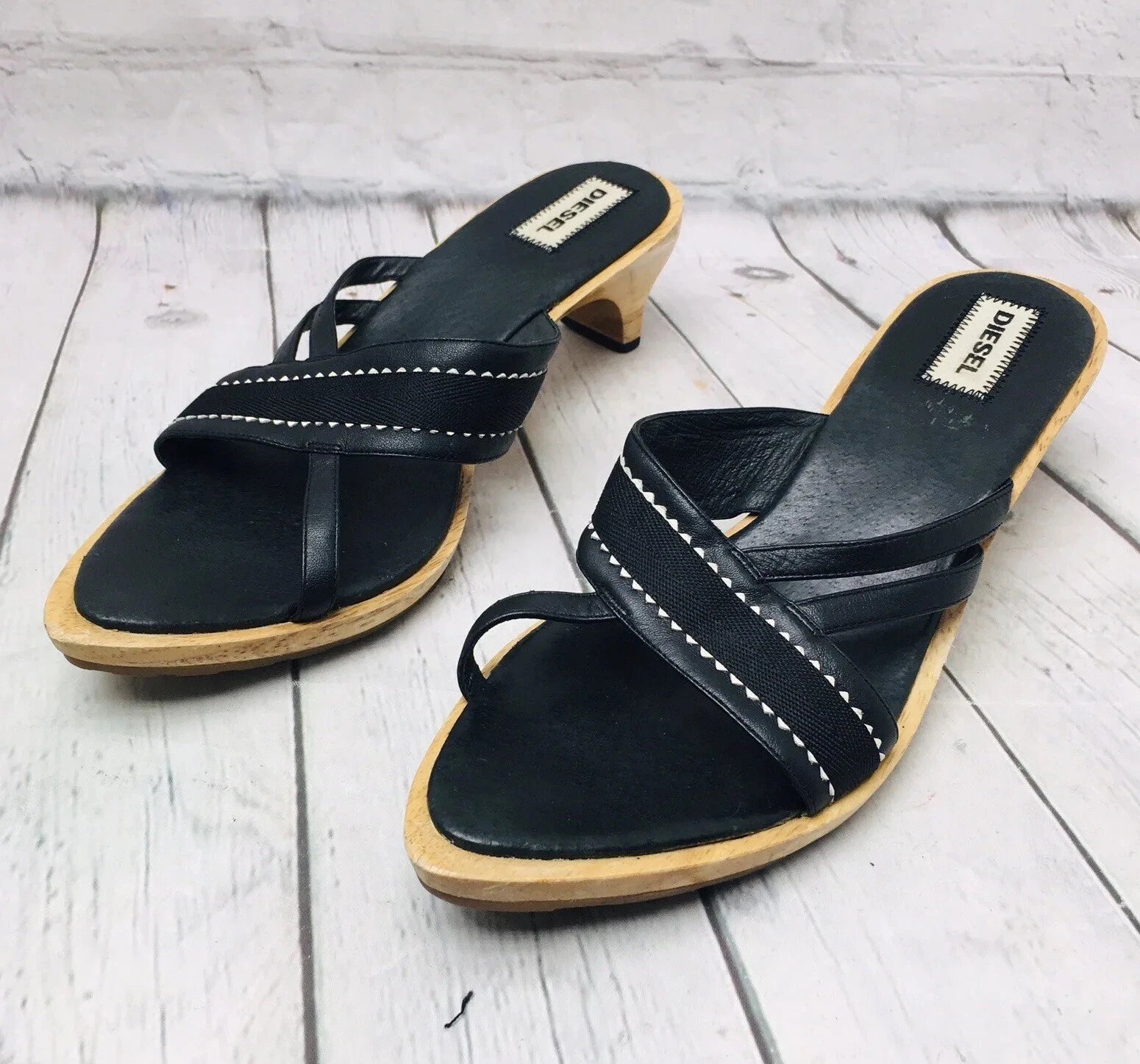 Diesel Black Leather Wooden Heel Slide Sandals Women’s Size 9 Point Toe Strap