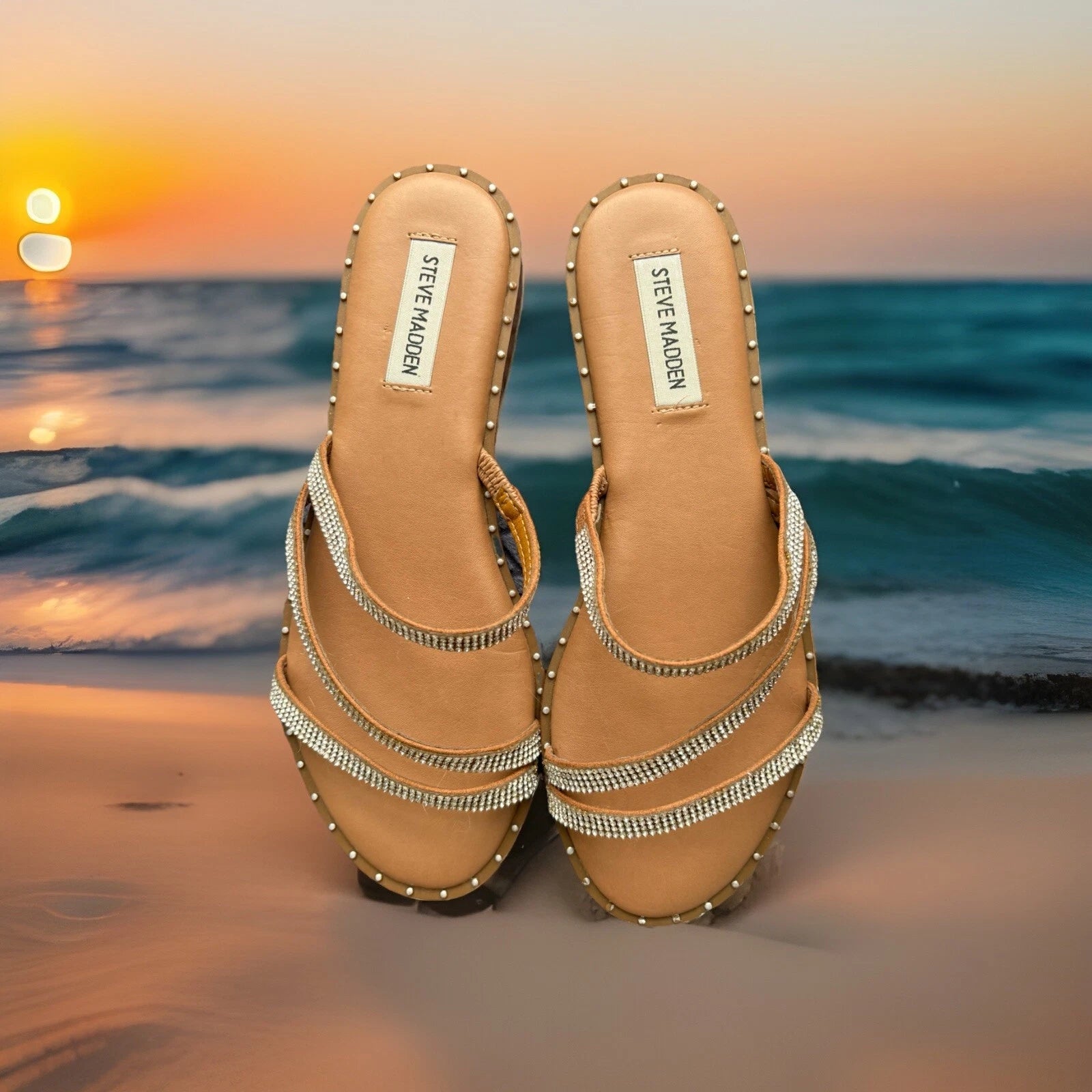 Steve Madden Skyler Black Fashion Flat Embellished Slip On Sandals, Size 8