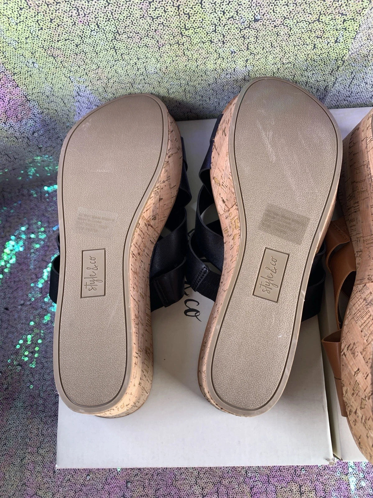 STYLE & CO Women's Black & Brown Smooth Violettee Slide Wedge Sandals SZ 9.5