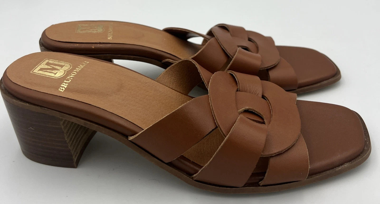 BRUNO MAGLI ARIA Block Heel Brown Leather Slide Sandal Women's Size 9M NEW