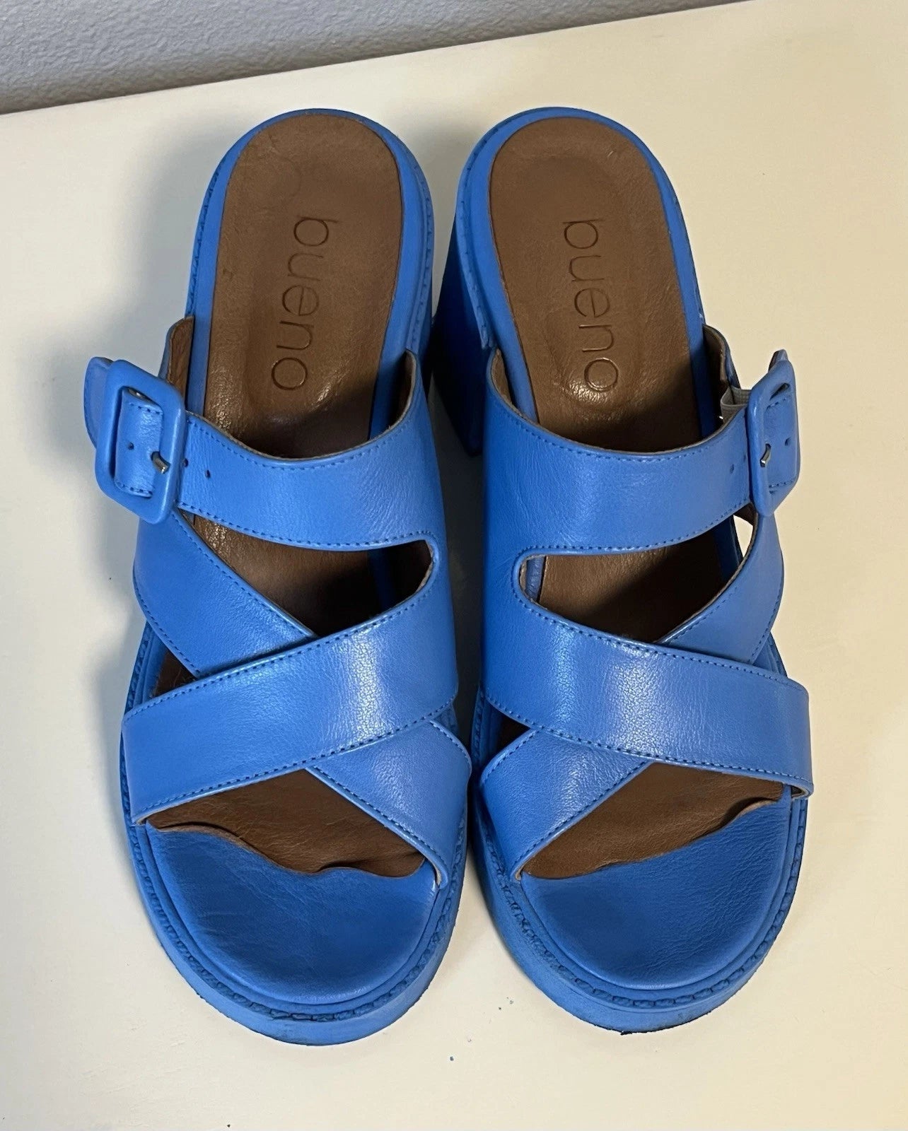 Bueno Leather Heeled Slide Sandals Milan style color blue EU40 US9.5 est 70s mod