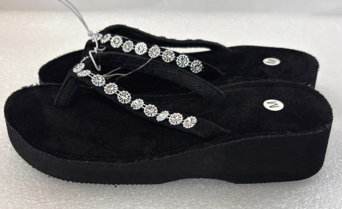 Wedge Sandals Women Flip Flops Rhinestone Sparkle Black & Pink Sequin Size 4