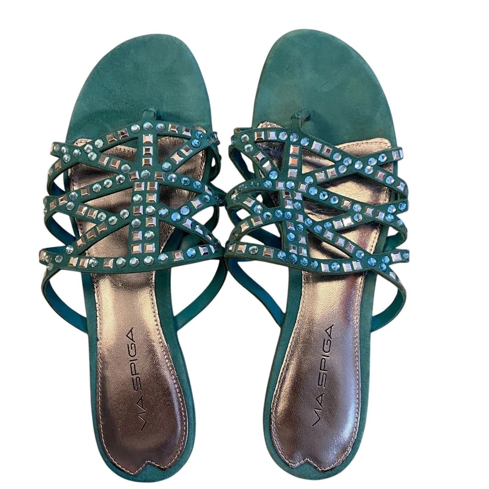 VIA SPIGA DUSTIN Green Suede Jeweled Designer Fashion Thongs Sandals 7.5/ $155