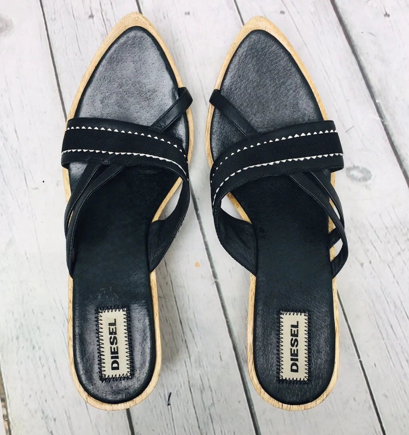 Diesel Black Leather Wooden Heel Slide Sandals Women’s Size 9 Point Toe Strap