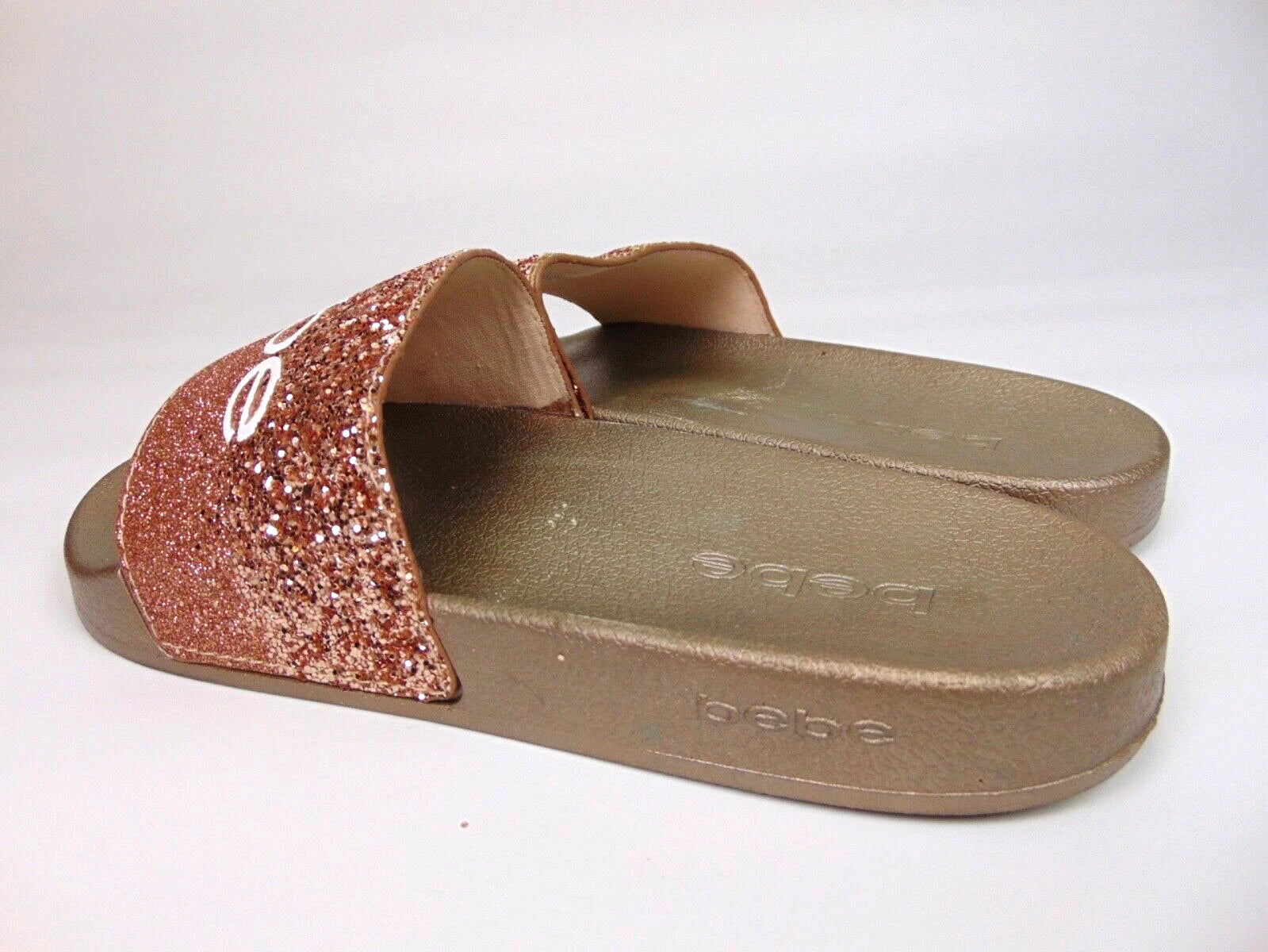 Bebe Women's Fraida Glitter Slide Fashion Sandals Flats Size 8.0 M, Rose Gold