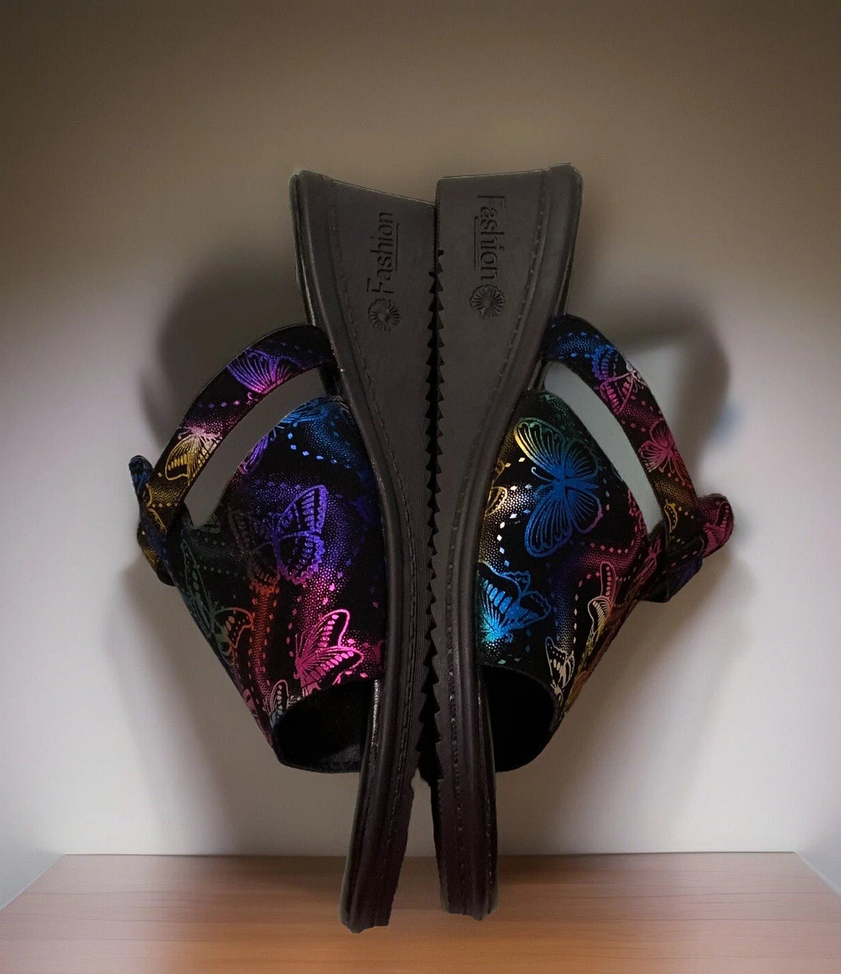 FASHION Metallic Rainbow Butterfly Slip-On Wedge Heel Sandals Size 9 / 40 NEW