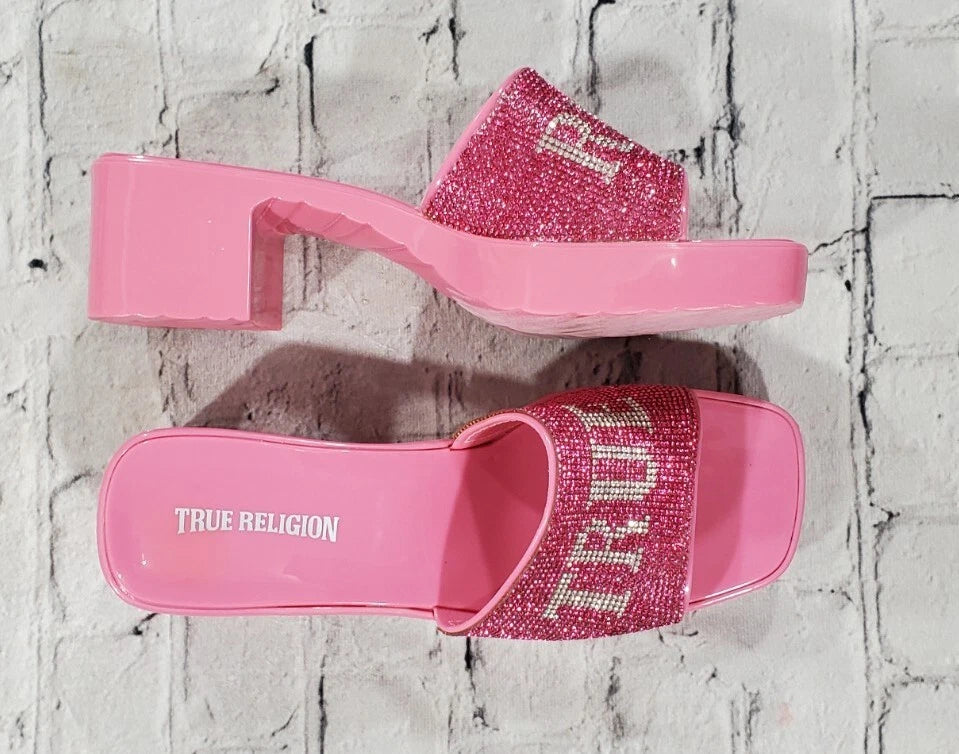 True Religion Bling Silver Pink Stoned Sandals Block Heels WOMENS SIZE 11
