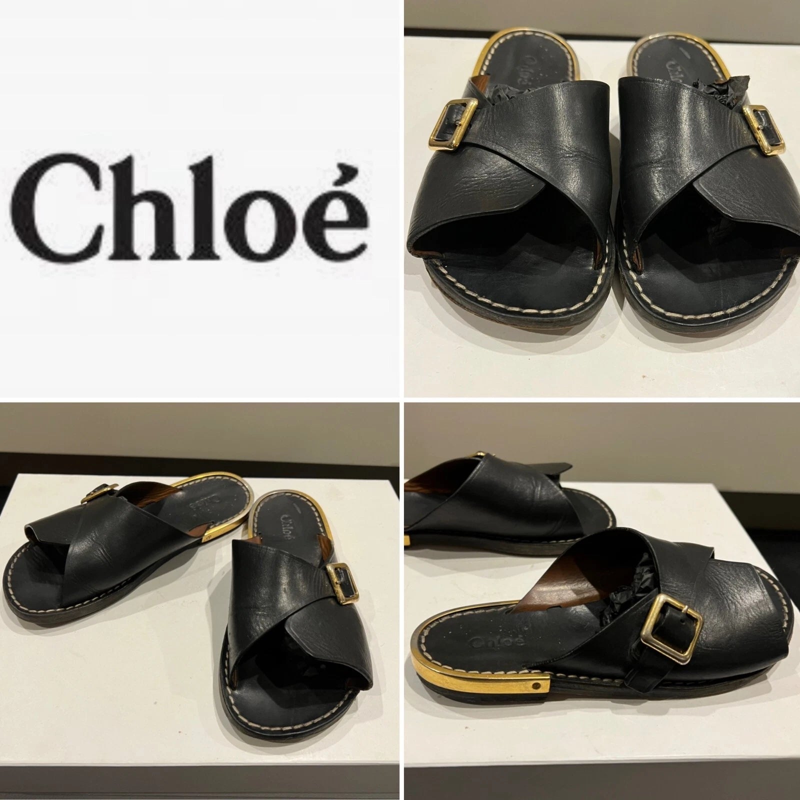 CHLOE Black Leather, 1 Buckle Slides, Sandals, Flats with Gold-tone Trim 36EU/5