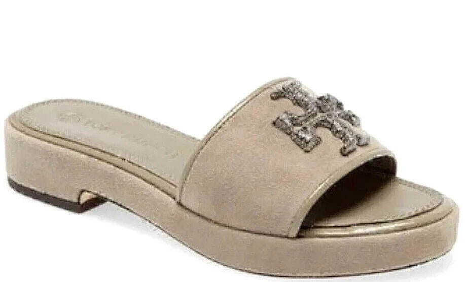 TORY BURCH ELEANOR HEELED SLIDE CRYSTAL LOGO GRAY HERON SUEDE SZ US 8 NIB
