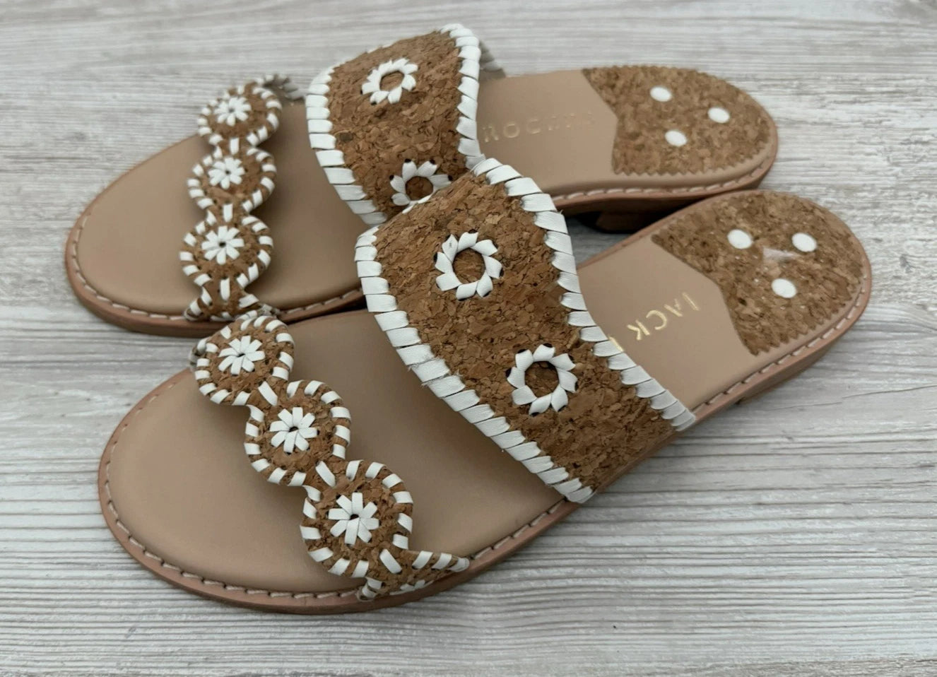 Jack Rogers Caroline Sandal Natural Tan Cork White Stitched Flat Slide  Size 9 M