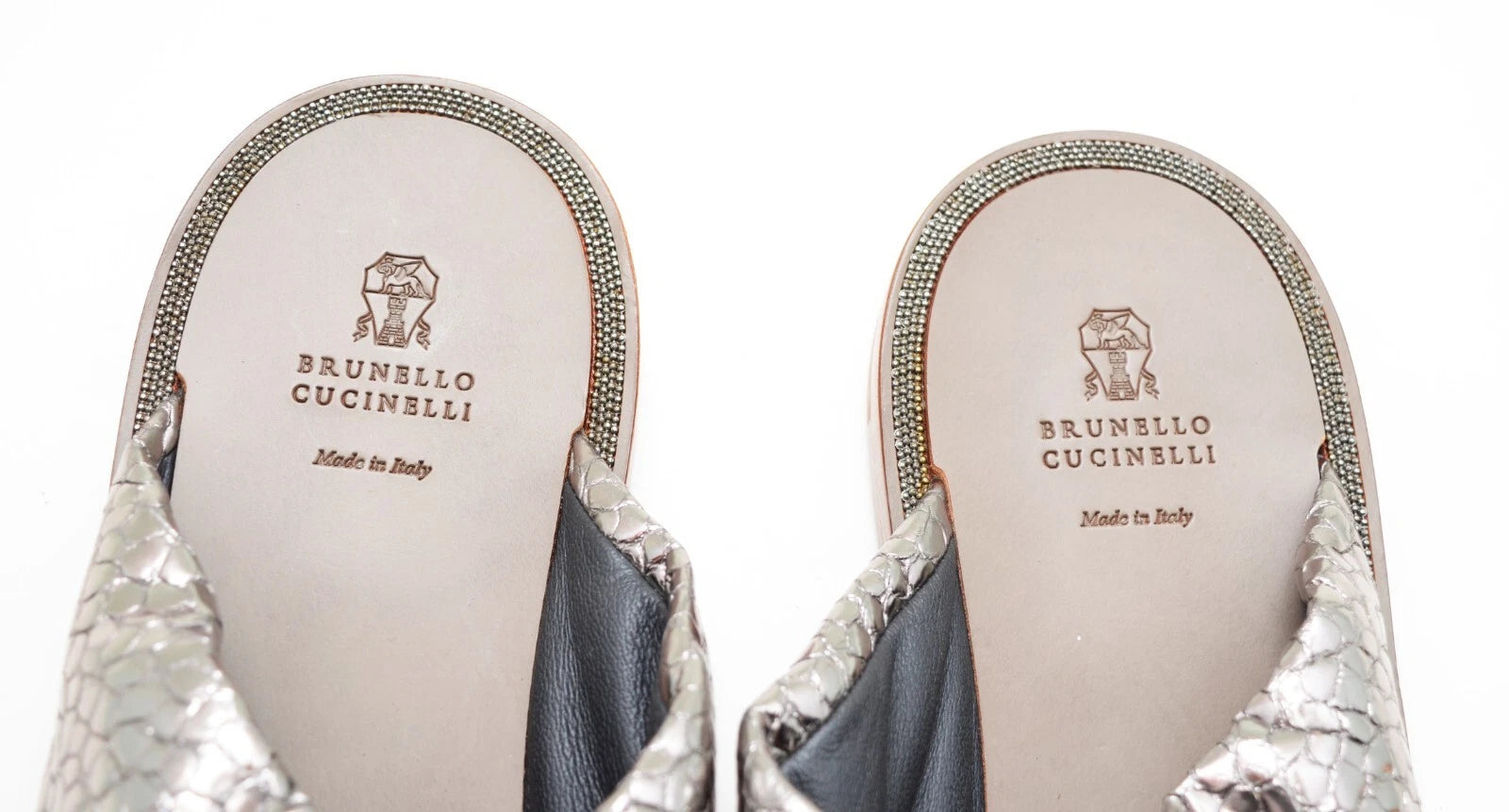 Brunello Cucinelli Reptile Print Metallic Silver leather Slide Sandals  Sz EU 40