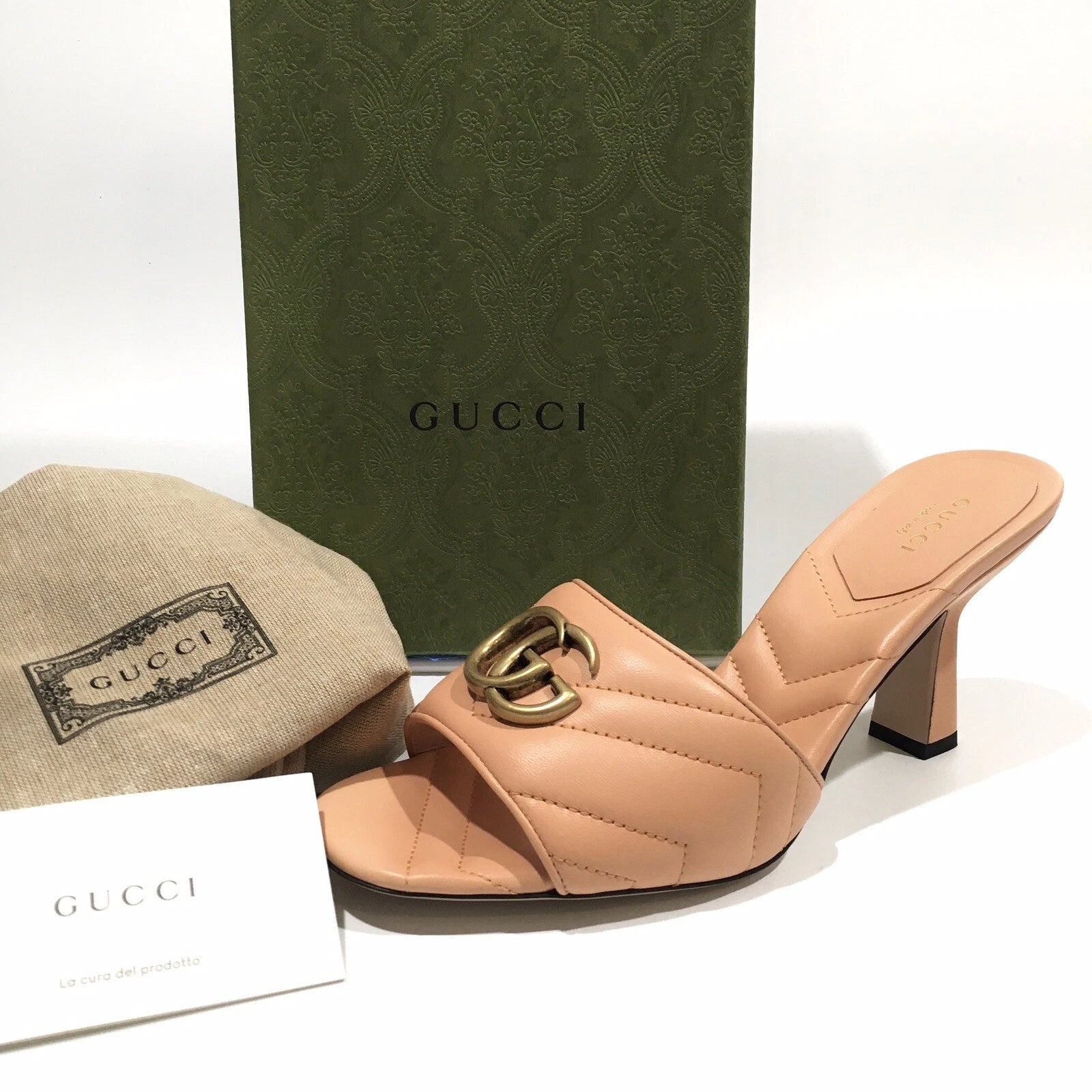 GUCCI GG MARMONT QUILTED LEATHER MULE SANDAL -PEACH -US 8.5 -NEW
