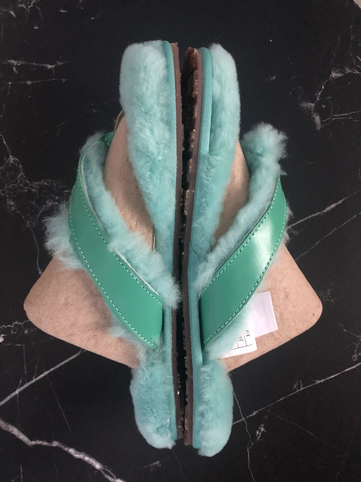 AUSTRALIA LUXE Slide Sheepskin Flip Flops Turquoise Flat Leather Sandals *S/ 6-7