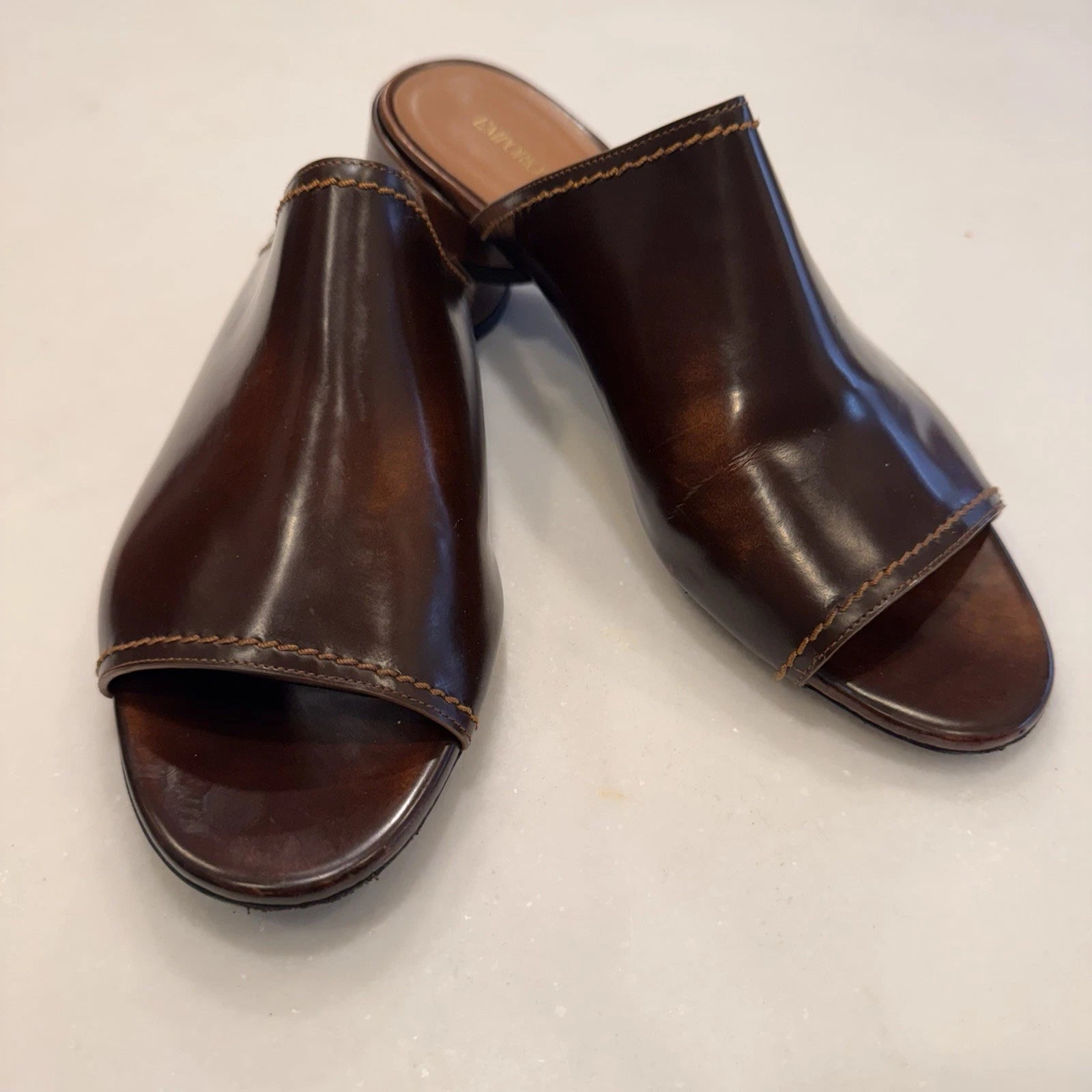 Emporio Armani Women’s Open Toe Slide Mules Brown Leather Size US 9 EU 39