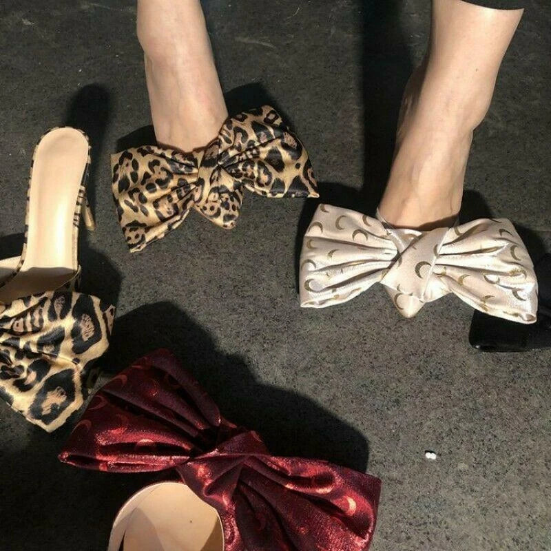 Fashion Womens Pointy Toe Big Bowknot Mules High Stiletto Heel Slippers Party