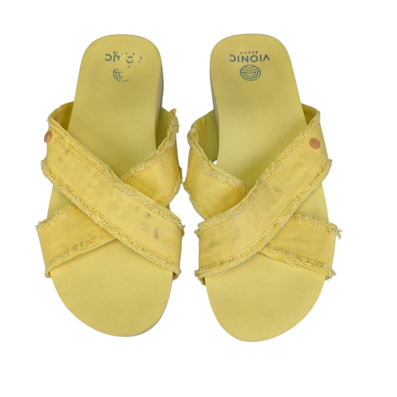 Vionic Panama Beach Malibu Yellow Fabric Crisscross Slide Sandals Women's US 10