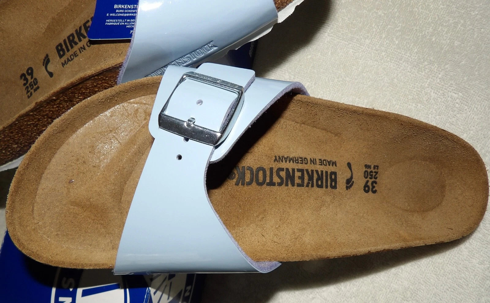 Birkenstock Madrid Big Buckle Lady Narrow Size 8 Patent Dove Blue Leather Sandal