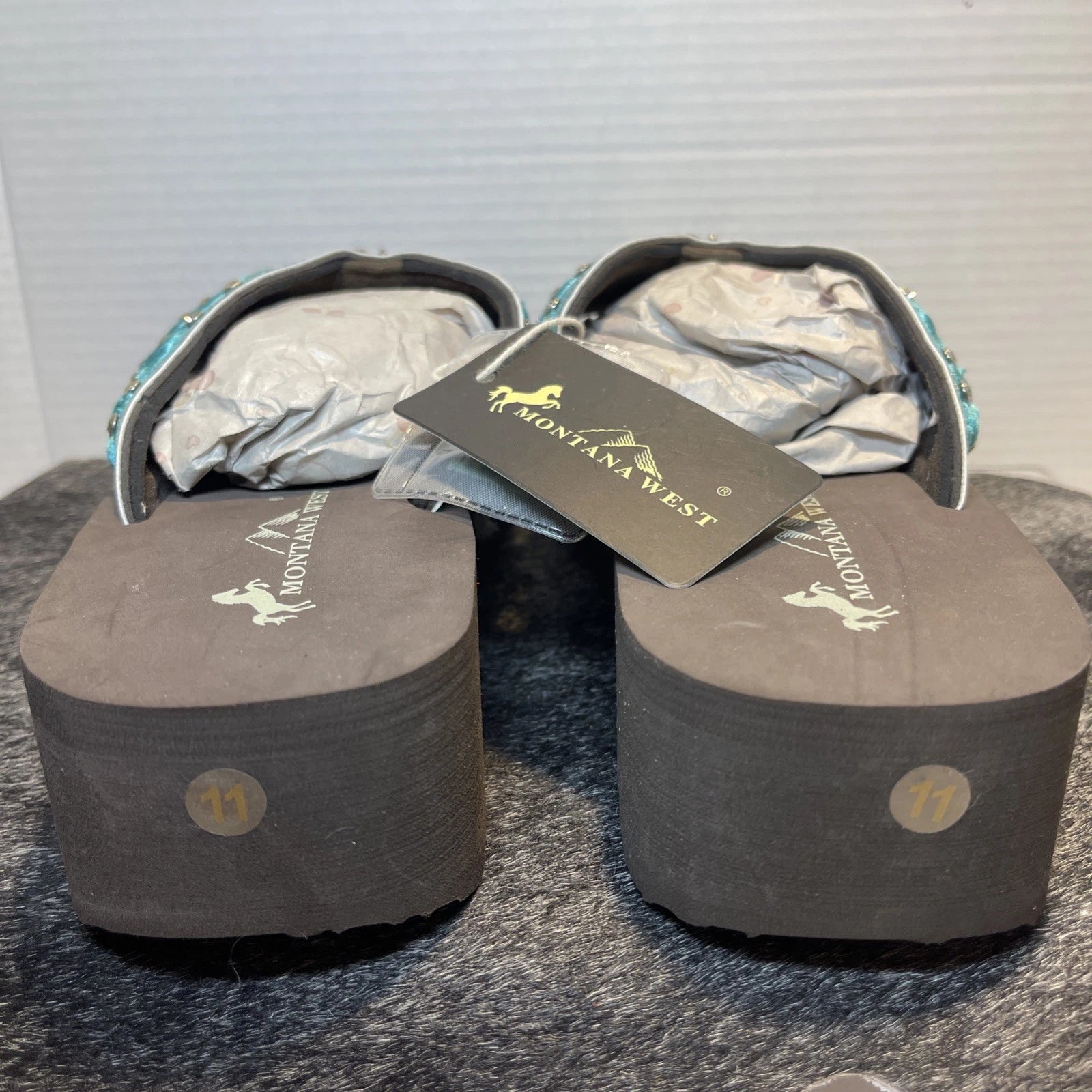 Montana West Teal Scroll Rhinestones/Studs Western Style Wedge Sandals Sz11-11.5