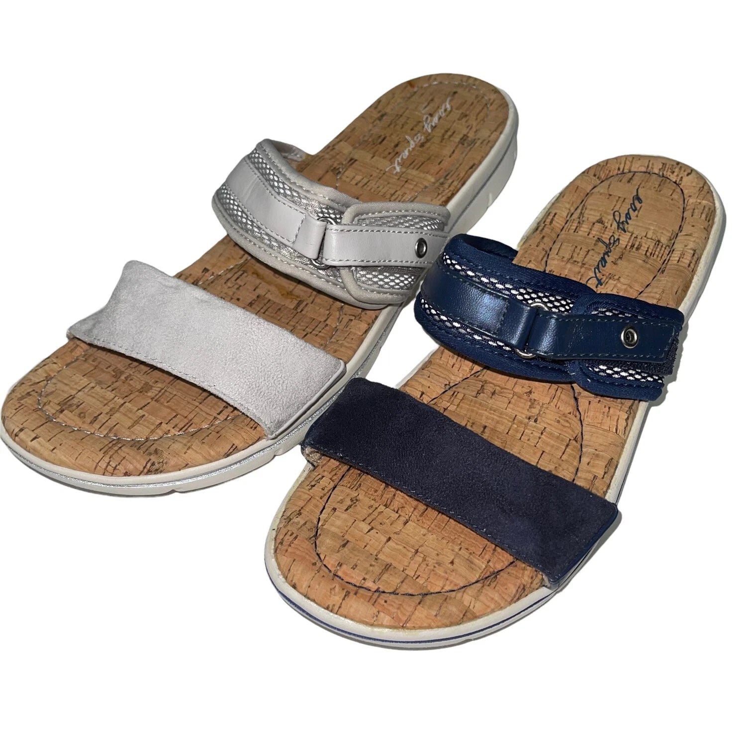 Easy Spirit Sandals Blue or  Silver Slides Cork Adjustable Lightweight Nautical