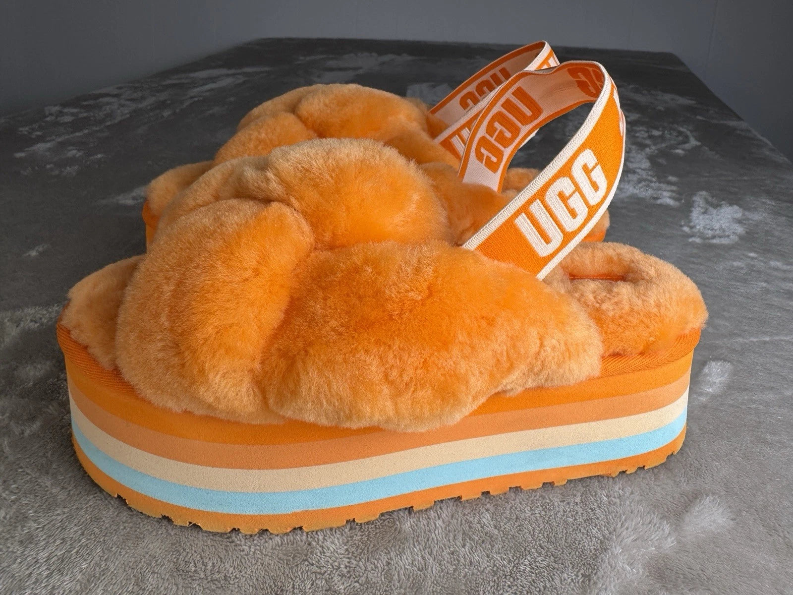 Ugg Womens Disco Knot Slide Sandals Size 7 Orange Fuzzy Platform Slingback Y2K