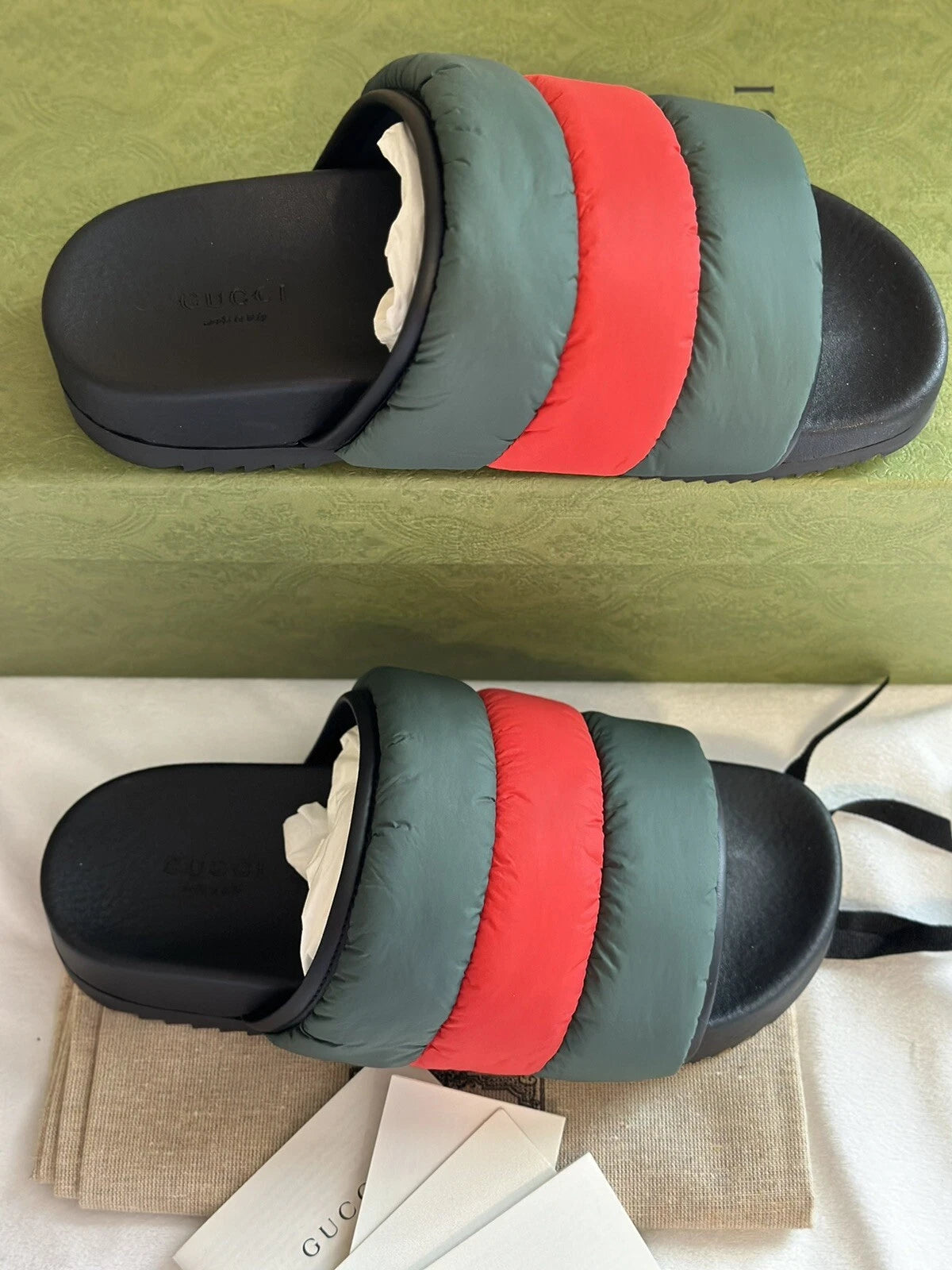 Gucci Web Puffer Nylon Slides Sandals Sz 37 Made In Italy BNIB