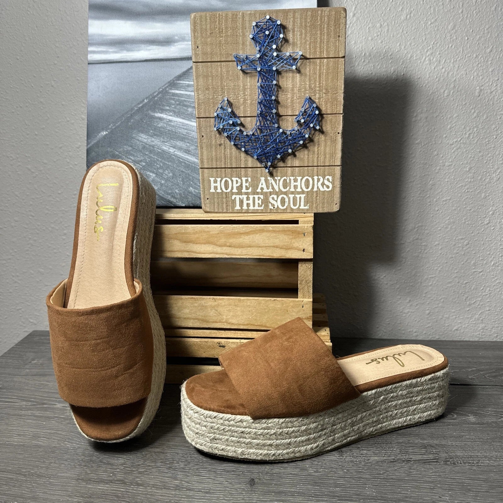 Lulu’s Rust Faux Suede Espadrille Platform Wedge Slides Sandals 10 PreOwned