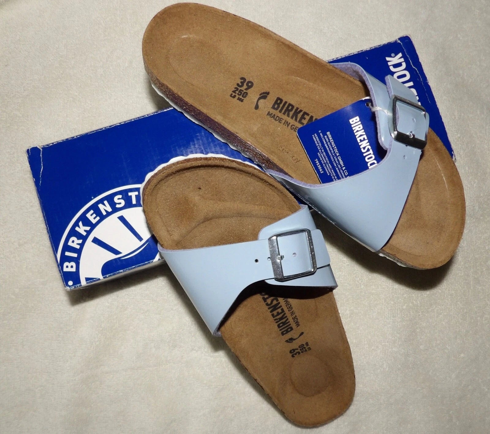 Birkenstock Madrid Big Buckle Lady Narrow Size 8 Patent Dove Blue Leather Sandal
